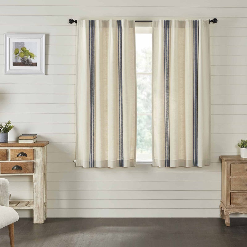 Piper Classics Market Place Blue Grain Sack Stripe 63" Curtain Panels - Image 1